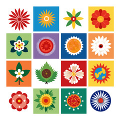 Colorful Flower Icons Pattern, Vector Design, Isolated Artwork