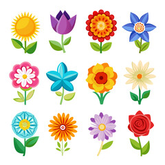 Bright and Colorful Cartoon Flowers Vector Illustration Set