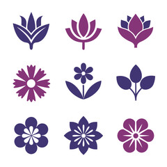 Nine stylized flowers in purple and violet shades
