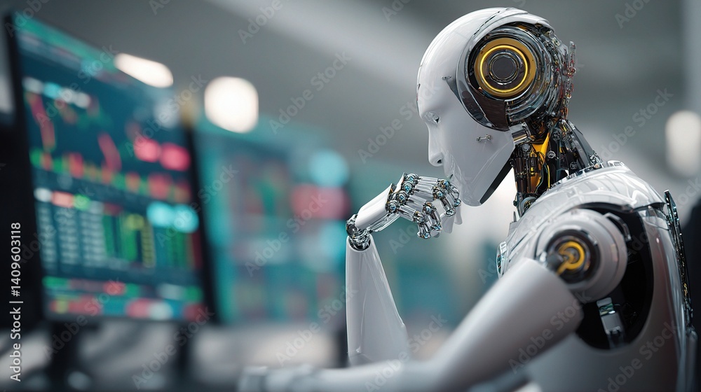 Poster futuristic robot at computer desk analyzing data in modern office