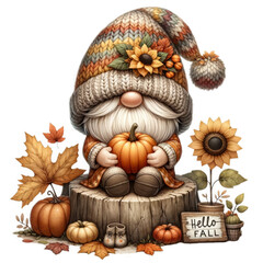 Behold the autumn gnome, a whimsical harbinger of the harvest season Adorned in a knitted hat and autumnal hues, this charming character is seen nestled amongst fallen leaves and vibrant sunflowers