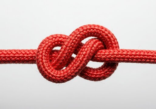 Close up of a red rope tied in a figure eight knot against a plain white background in studio light