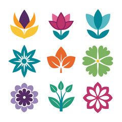 Nine Colorful Abstract Flower and Leaf Vector Icons