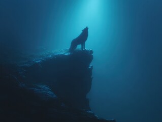 Fototapeta premium Solitary howl echoes in the night. A single wolf stands atop a misty cliff, bathed in moonlight, its call piercing the silence.