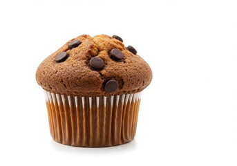 A single chocolate chip muffin in a white paper liner on a plain white background in studio lighting