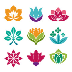 Botanical Icons: Colorful Flowers and Leaf Elements Graphic