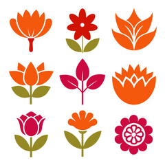 Assorted stylized flowers, flat design in warm colors