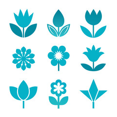 Nine Turquoise Flower Icons on a White Background