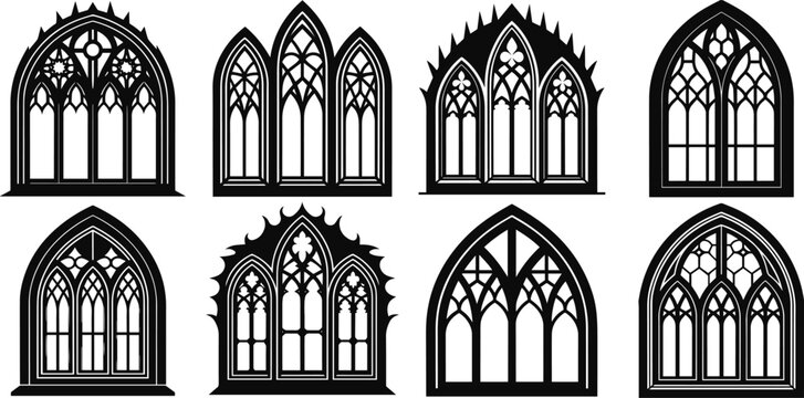 Set of gothic window frames silhouette vector illustration