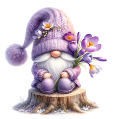 In a whimsical scene, a charming gnome rests upon a rustic tree stump Adorned in a soft, lavender-hued knitted hat and matching attire, the gnome exudes an aura of tranquility and serenity Clutching