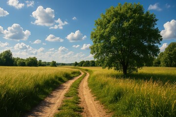 Naklejka premium A dirt road meanders through a grassy field under a blue sky with fluffy white clouds. Concept of: Rural serenity. 