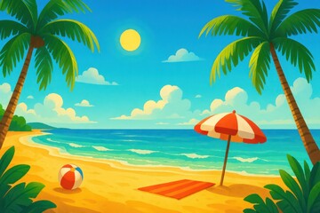 A vibrant cartoon-style beach scene with palm trees, a beach ball, an umbrella, and a towel under a sunny sky. Concept of: Tropical paradise.