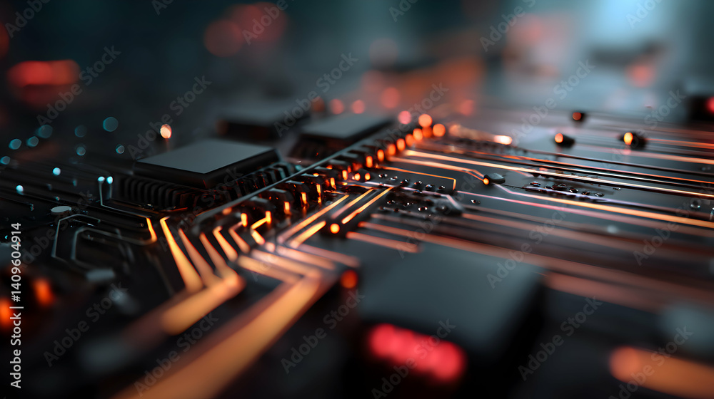 Poster abstract representation of an advanced microchip highlighting circuit pathways