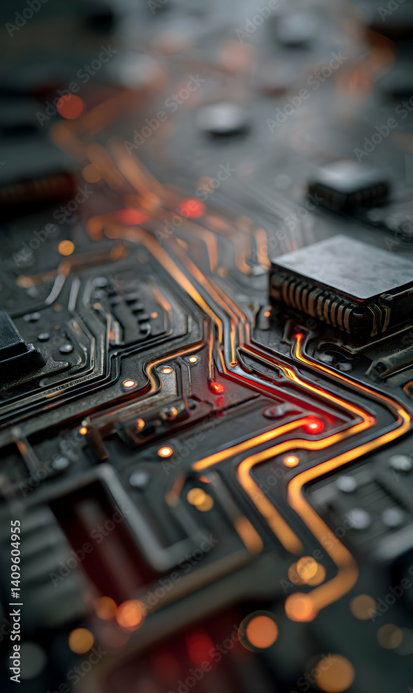 Poster Circuit board complexity intricate patterns and illuminated pathways representing modern technological advancement