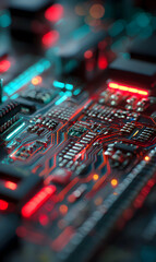 Intricate microchip board with glowing red and blue lights evokes modern technology