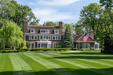 Majestic brick home stunning landscaping perfect lawn American flag