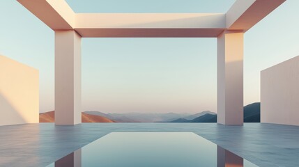 Minimalist architectural space with geometric structures and serene landscape reflecting in water at sunset