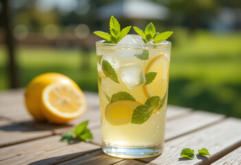 Refreshing Lemon Mint Spritzer: A Chilled Glass of Sparkling Drink with Lemon Slices and Fresh Mint on a Sunny Wooden Table