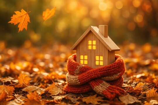 A miniature wooden house with glowing windows is nestled among fallen leaves, wrapped in a cozy scarf during autumn. Concept of: Autumn warmth.