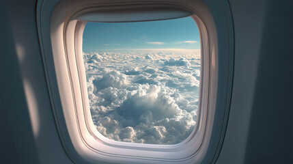 A window on an airplane with clouds in the sky