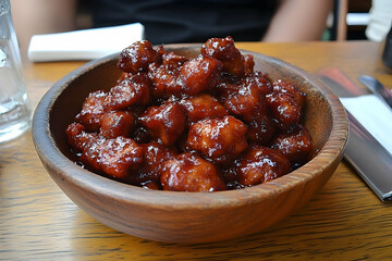 Wooden bowl filled with savory, glazed pork bites.