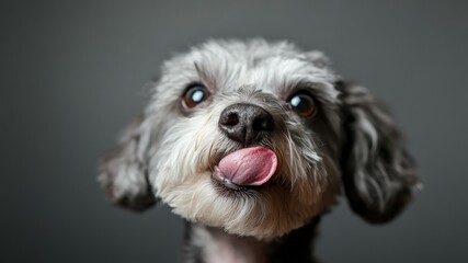Naklejka premium Cute gray dog sticking its tongue out, close-up studio shot against gray background.