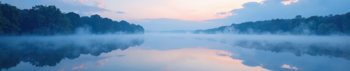 Fototapeta premium Soft blue mist rises from a tranquil lake at dawn, water, serene