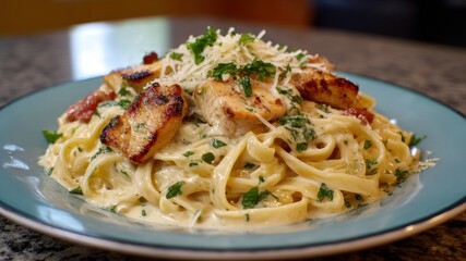 Delicious chicken fettuccine alfredo with herbs served on a blue plate.