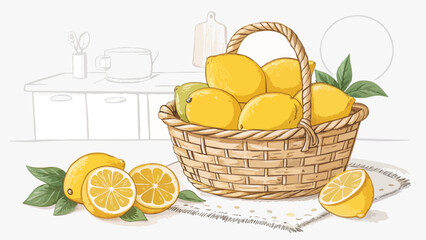 Lemon with Lemon slice in wicker basket on table in kitchen, Lemon Illustration vector design