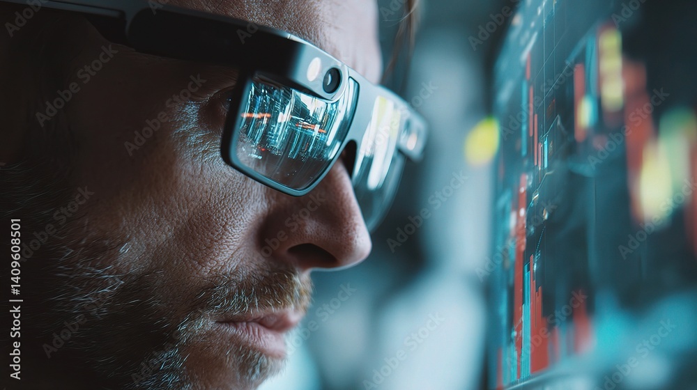 Poster trader analyzing data with augmented reality glasses for insights