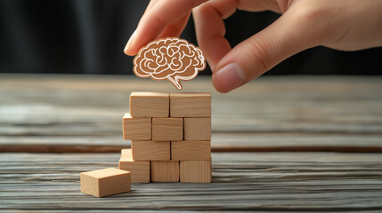 Brain Building Blocks: A hand carefully places a wooden brain icon atop a tower of blocks, representing the construction of knowledge, mental acuity, and innovative thinking.
