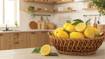 Lemon vector design, Lemon in wicker basket with Lemon slice in kitchen vector design
