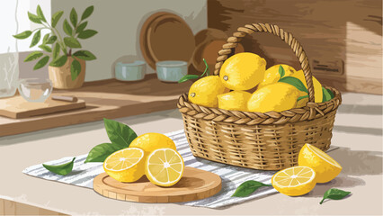 Lemon with Lemon slice in wicker basket on table in kitchen, Lemon Illustration vector design