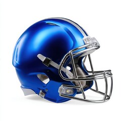 Fototapeta premium A shiny blue football helmet with silver stripe on white surface isoleted on white background
