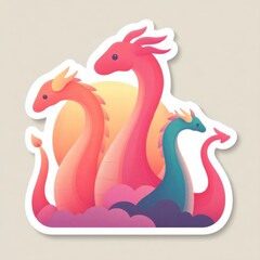 Fototapeta premium Colorful dragon illustration with a sunset background, featuring multiple stylized dragons.