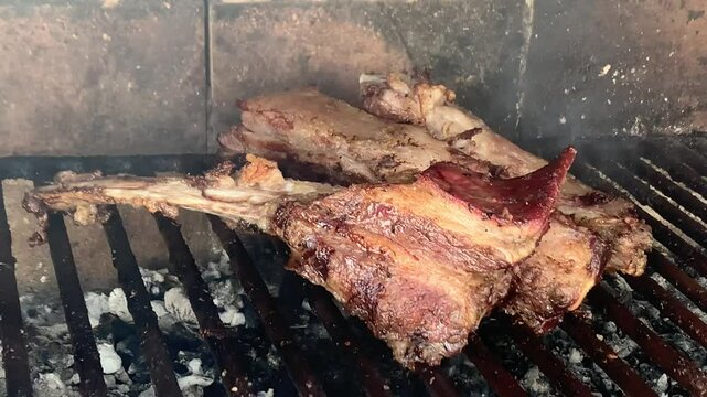 Juicy meat piece on a thick grill with smoking embers beneath. Barbeque preparation. Cordero asado
