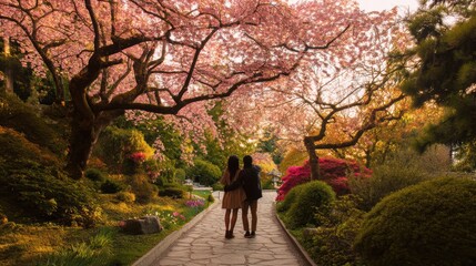 Asian Couple takes photos in park, Row of pink sakura trees,Many tourists People like to visit,romantic spring season,Rest, relaxation, lifestyle concept,valentine concept.