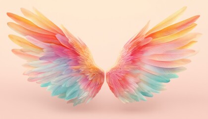 Vibrant and colorful feathered wings with a soft pastel background.