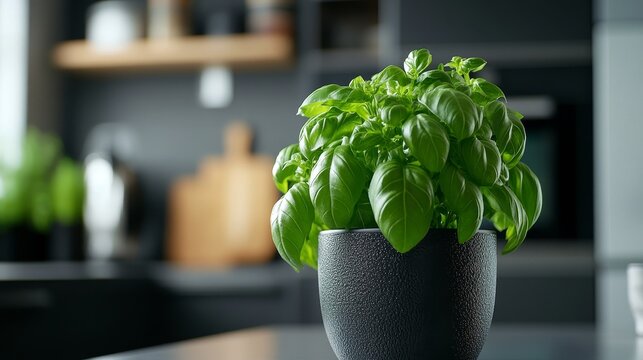A kitchen scene is made refreshing by the presence of a potted herb plant on the counter and sunlight streaming through the windows to create a natural ambiance