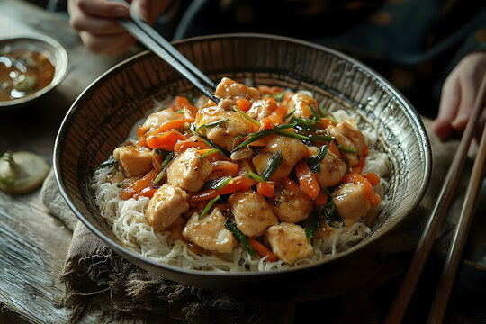 Savory chicken and carrot stir-fry over rice noodles.