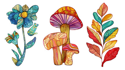 Colorful illustration set featuring a flower, mushrooms, and leaves inspired by nature's beauty and diversity in vibrant hues
