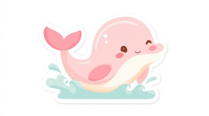 Obraz premium Cute pink whale cartoon character splashing in the water, showcasing a playful and joyful design.