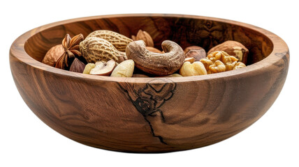 Fototapeta premium Close up of a Small Wooden Bowl Filled with Mixed Nuts Perfect for Healthy Snack or Recipe Photography