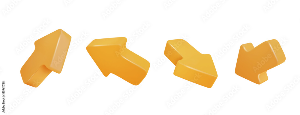 Poster yellow 3d arrows pointing in different directions. vector realistic arrow cursors set isolated png