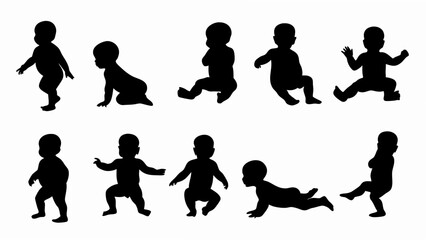 set of baby and toddler silhouette vector on white background