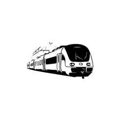 Front view of modern train in black and white illustration