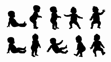 set of baby and toddler silhouette vector on white background