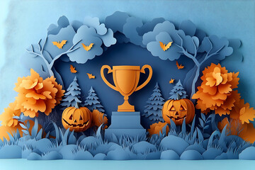 Paper-cut Halloween scene with a golden trophy.
