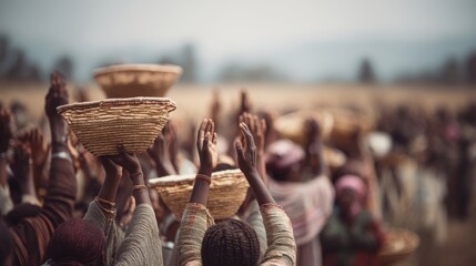 Diverse group raises baskets in joyous celebration against a blurred rural backdrop, symbolizing unity, hope, and community togetherness.