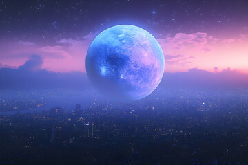 A colossal, vibrant blue moon hovers over a futuristic city at twilight.